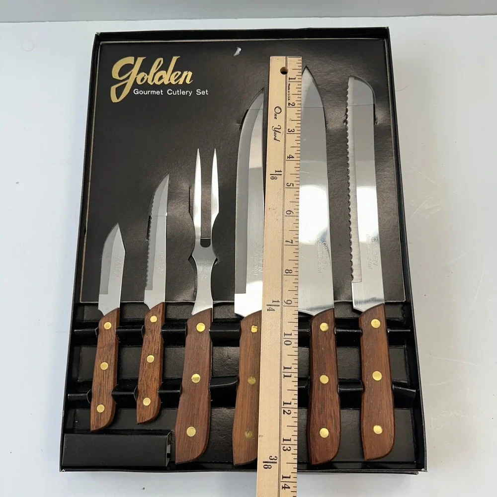 Vintage Golden Gourmet Cutlery‎ Set 6 Piece Carving Knife Fork Stainless Steel